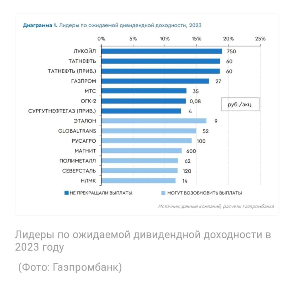 лидеры по ожидаемой дивидендной доходности акций из России в 2023 году